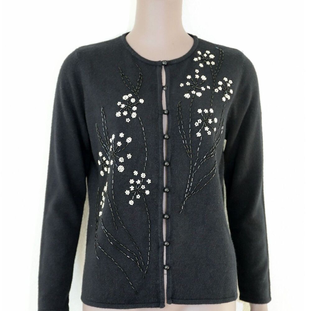 Vintage 80s Beaded Cardigan Black‎ Knitted Sweater Casual Floral Chic Top Small
